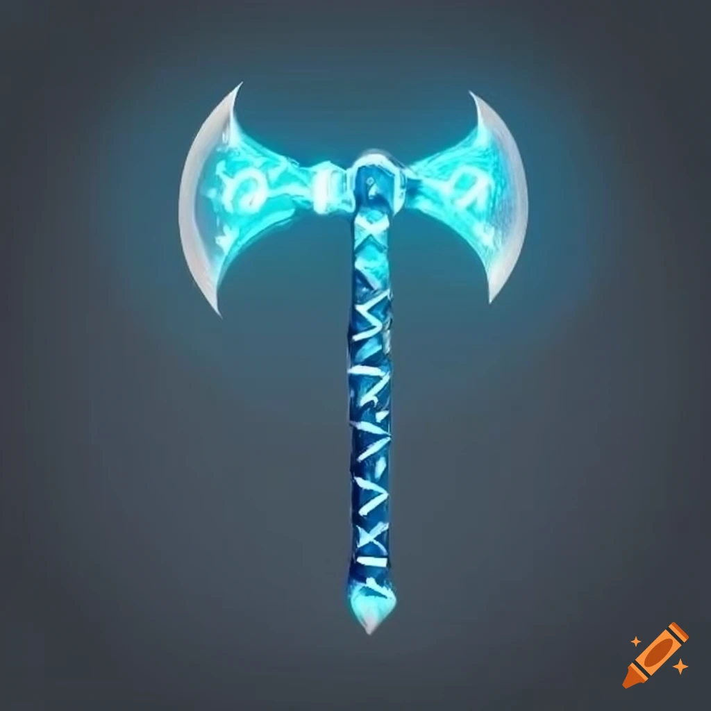 Twin-bladed axe with glowing white and blue runes on Craiyon