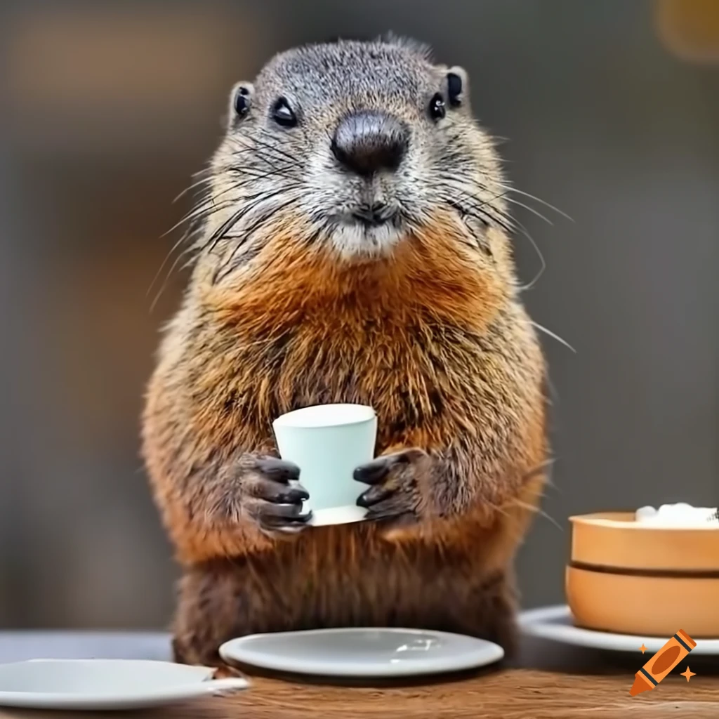 Woodchuck posing with a latte in a cozy cafe on Craiyon