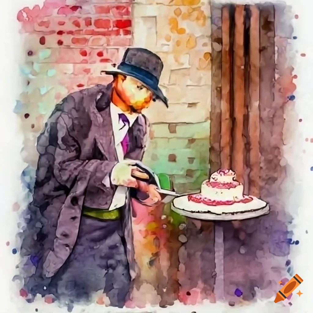 Detective with cake and magnifying glass solving a crime in retro 80s style