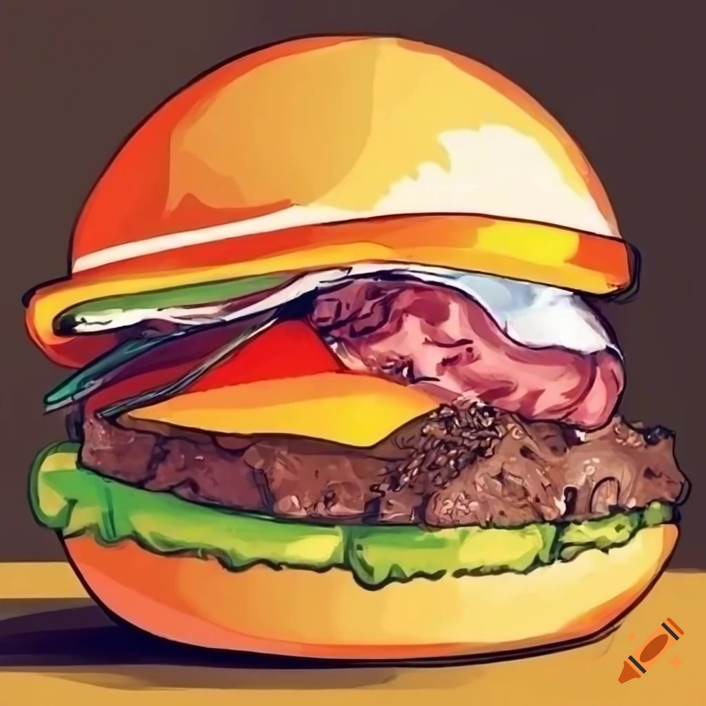 Sketch of a crayon drawing depicting a loaded burger with steak, fried egg, salad, and sauce