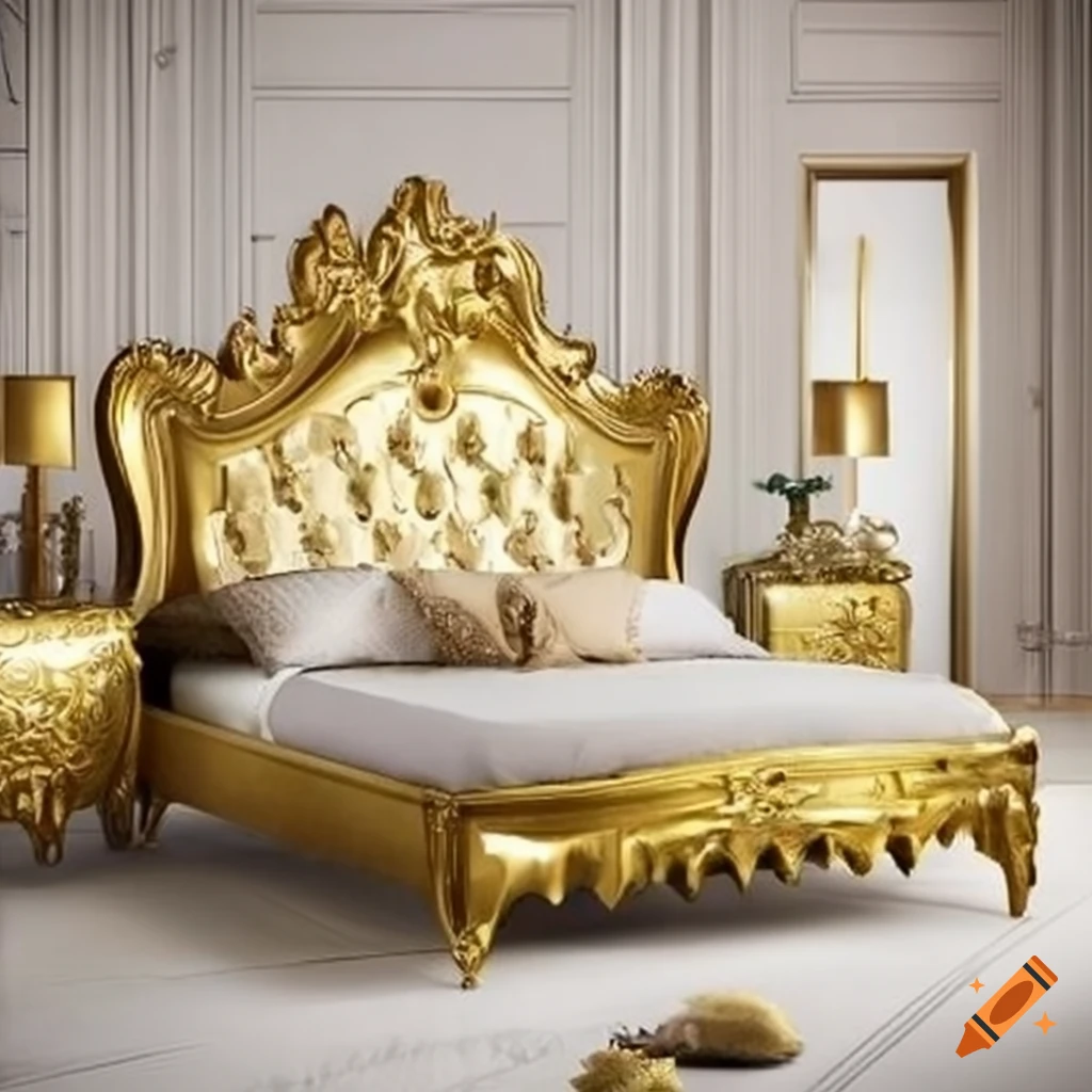 Elegant gold designs and decor with queen size beds on Craiyon
