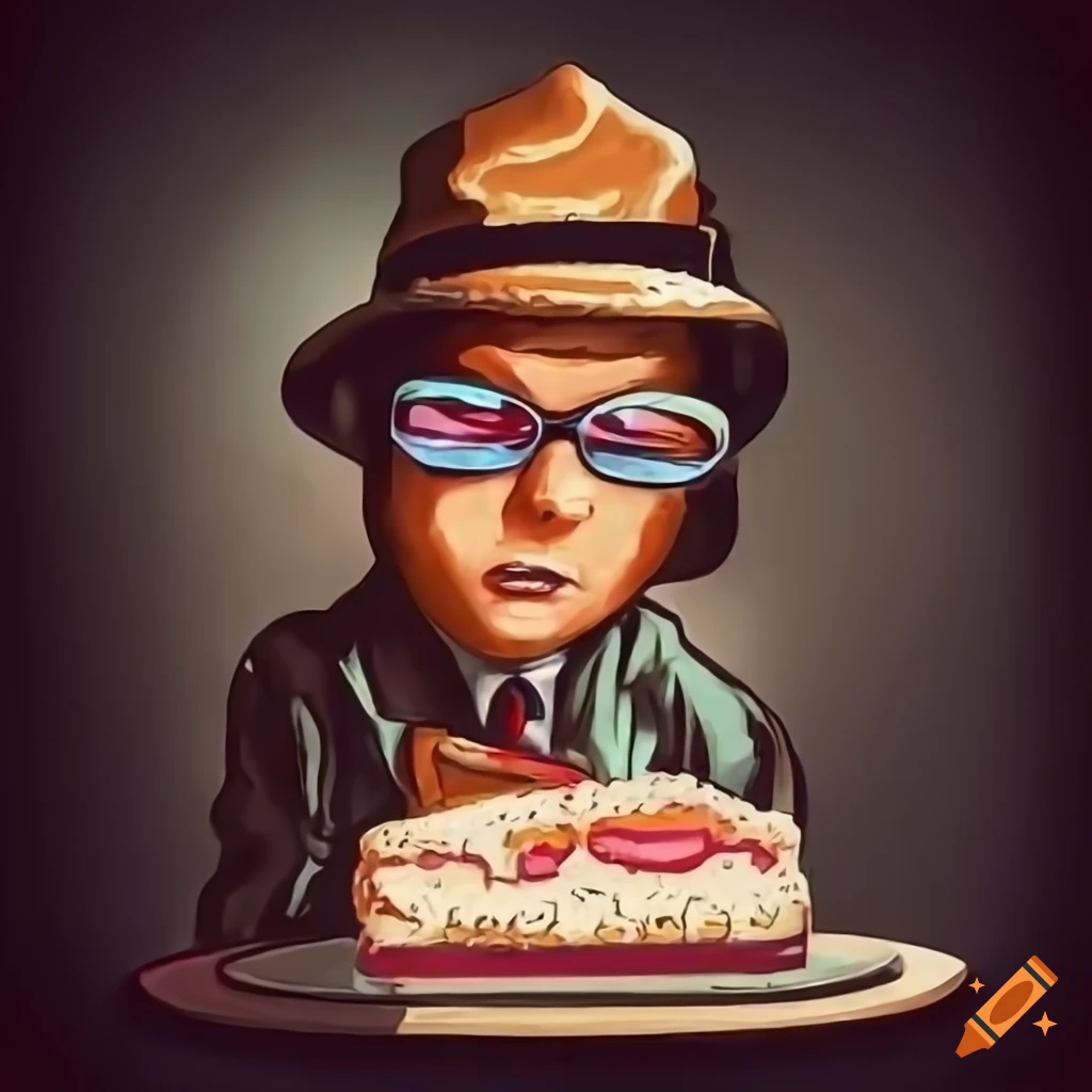 Retro 80s style detective with cake and magnifying glass solving a crime in an alleyway