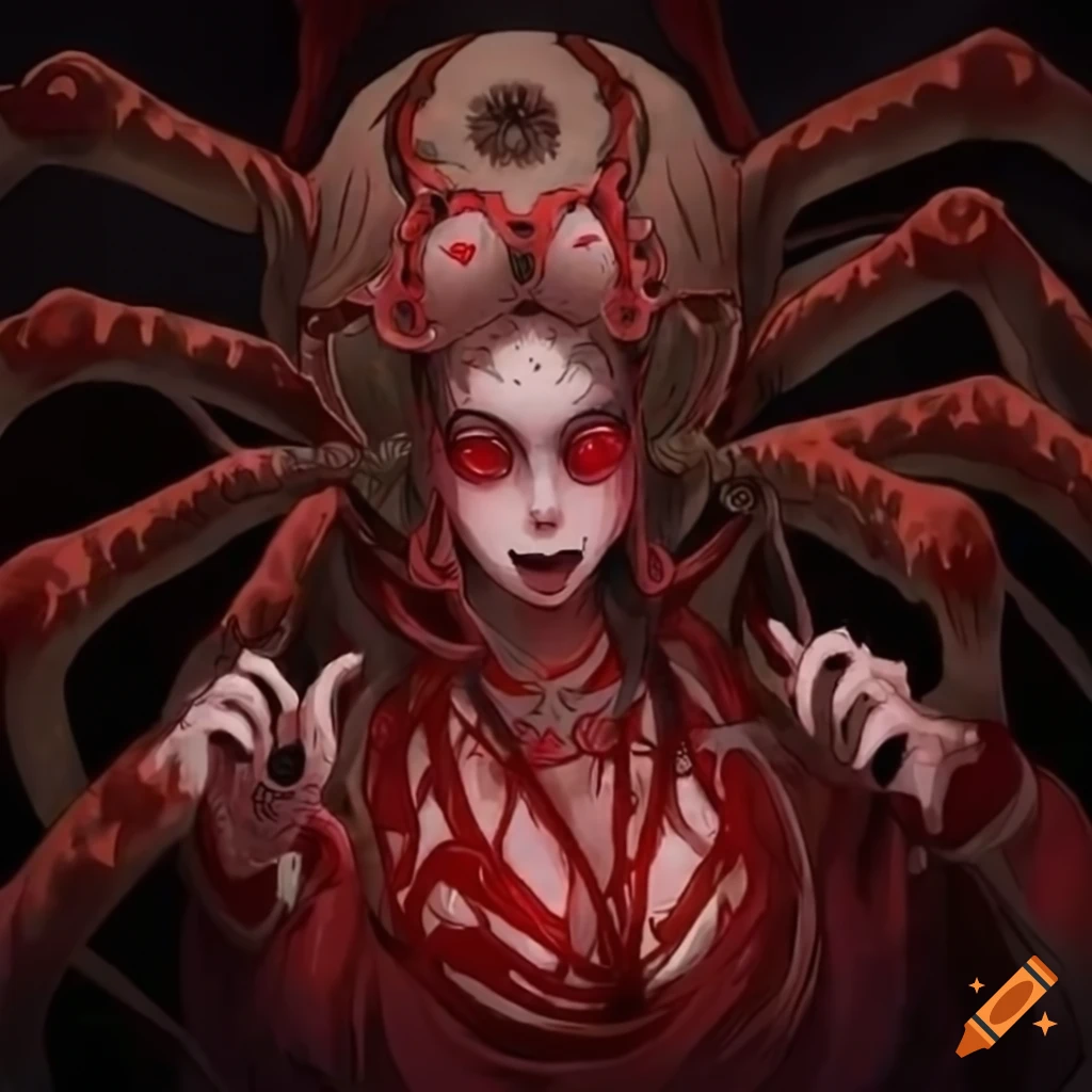 Intricately detailed depiction of the Jorogumo yokai with red eyes and fangs