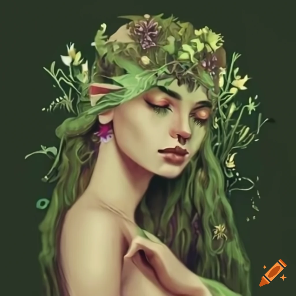 Portrait of a mystical ethereal herbs goddess in a beautiful dress on ...