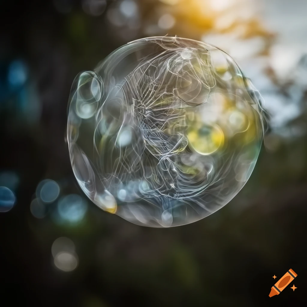 Distorted bubble in web sculpture with waste branches in abstract landscape