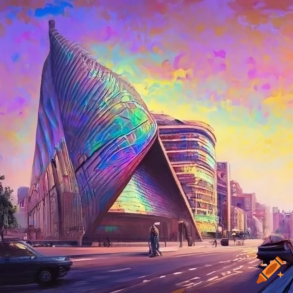 Iridescent and highly detailed modern architecture by james gurney on