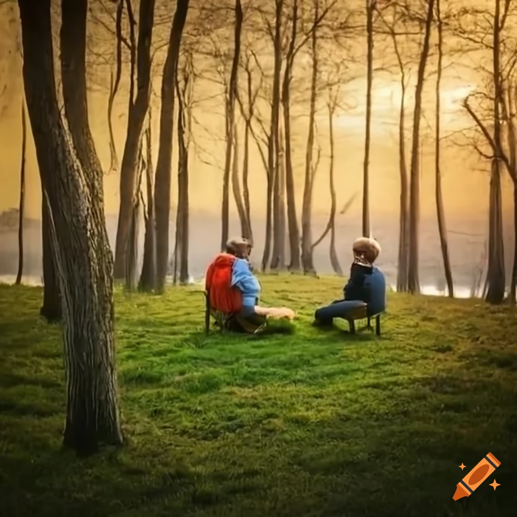 Three friends taking care of an aged person in a peaceful natural setting