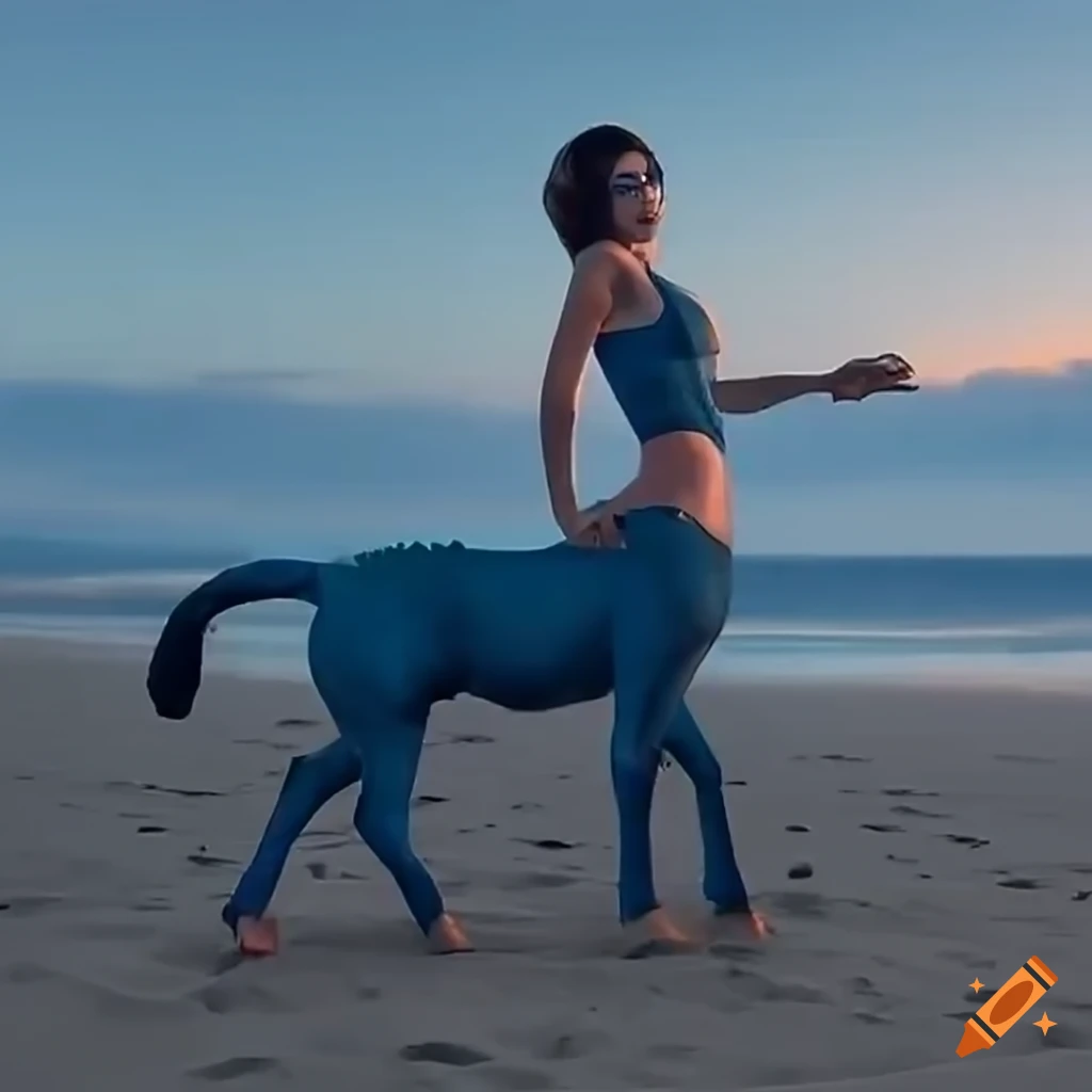 Dark blue centaur on a beach with horse legs on Craiyon