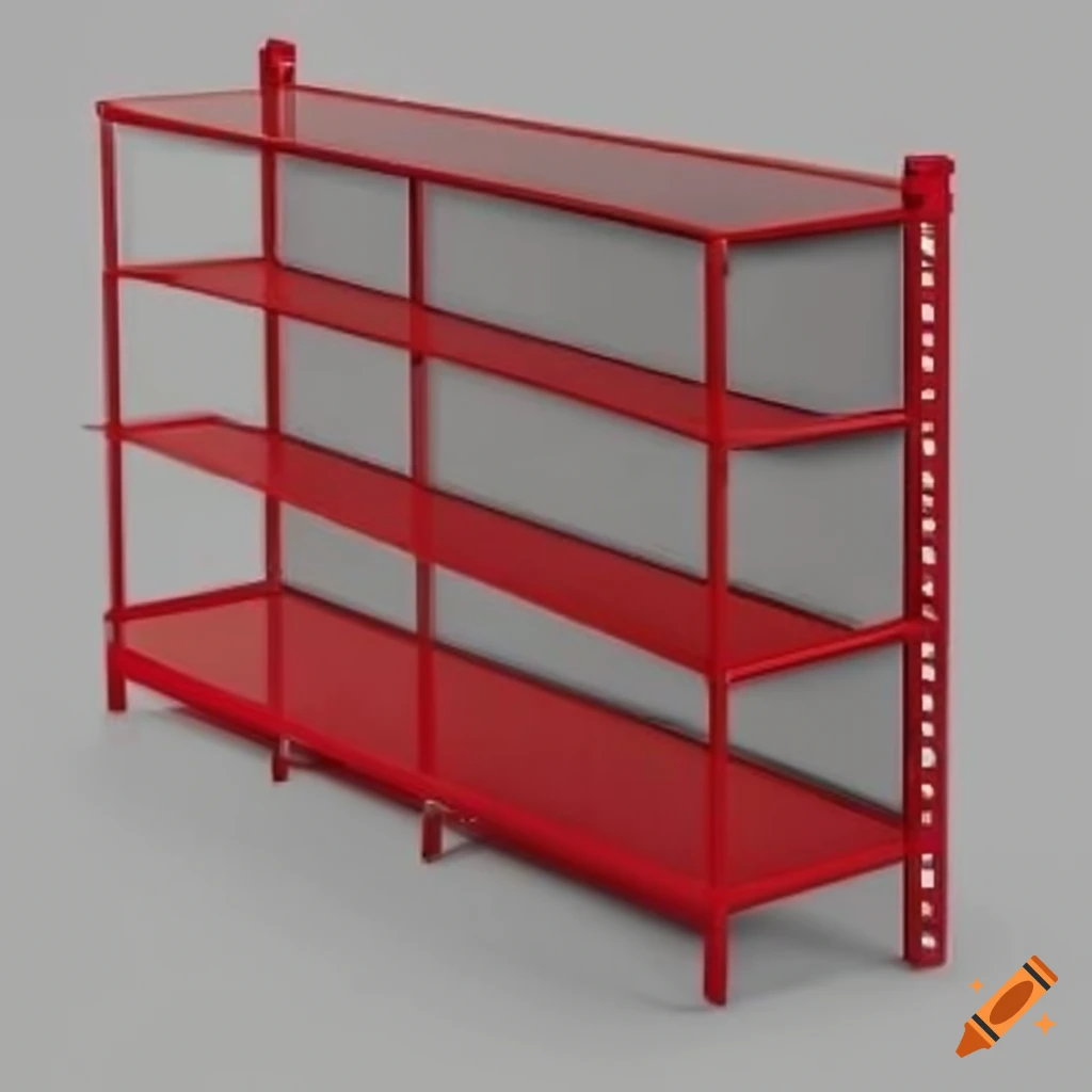 Red sales counter with 7 shelves and top row hooks, iron mesh shelves