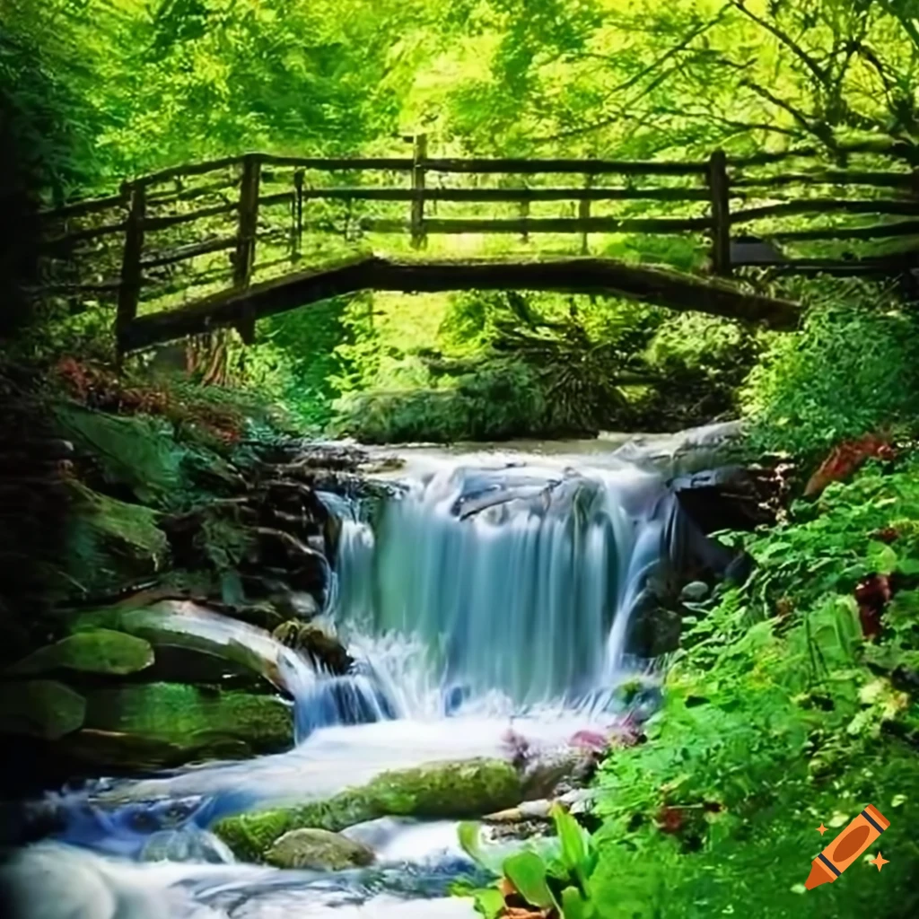 English village garden with stream, bridge, waterfall, and white dog