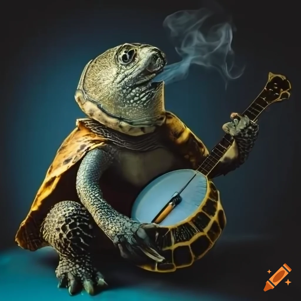 Turtle playing banjo and smoking a cigarette on Craiyon