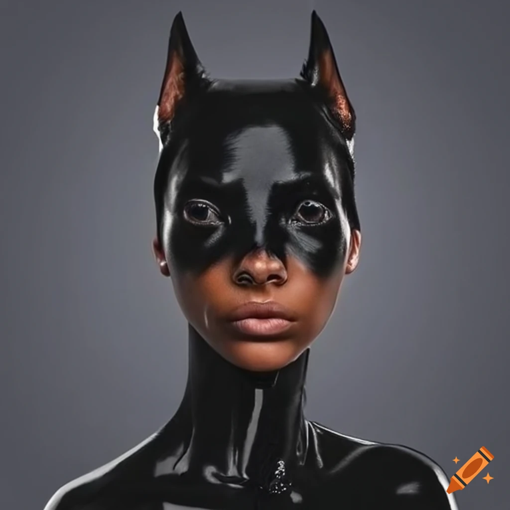 Kendall jenner face with black latex and doberman head on Craiyon