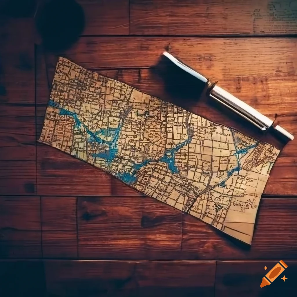 Top view of an old wooden desk with a large city-map