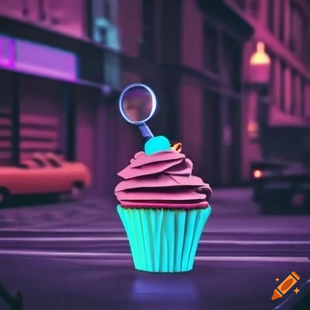 Cupcake-shaped detective with a magnifying glass solving a crime in a retro 80s-style synthwave scene