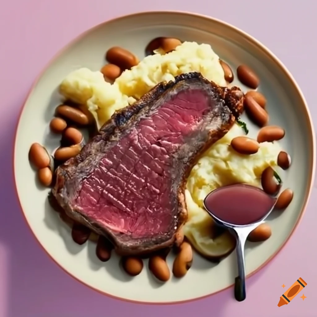 Juicy well-done steak with mashed cauliflower and raw green beans