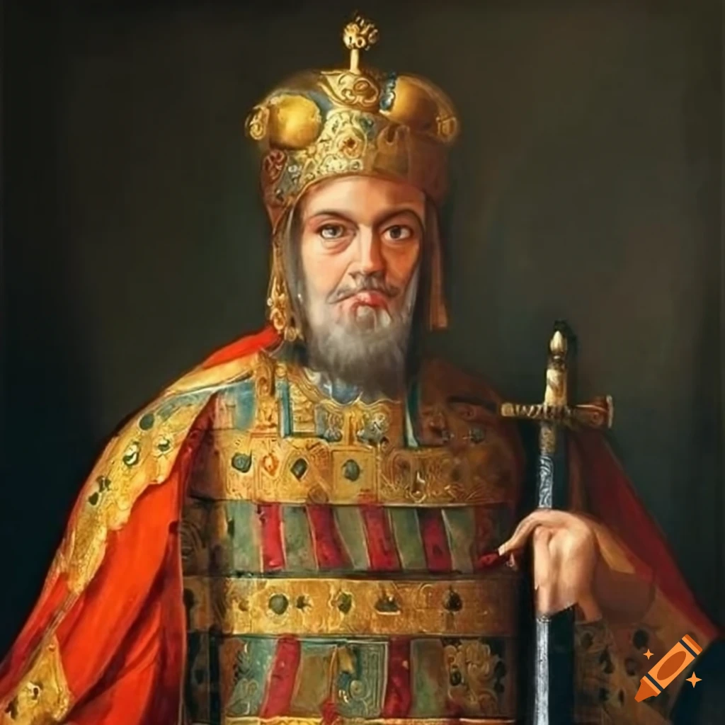 Historical painting of an emperor in richly decorated byzantine robes ...