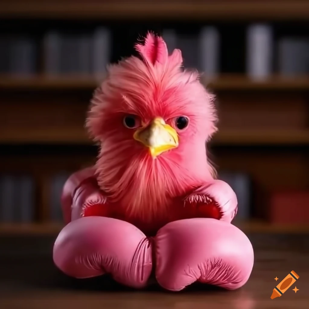 Fluffy chicken with pink boxing gloves in an office on Craiyon