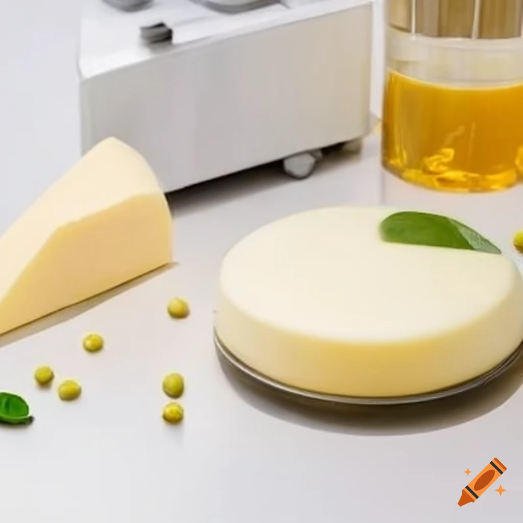 Lab setup with sterile beakers filled with pea protein for plantbased cheese alternative on Craiyon