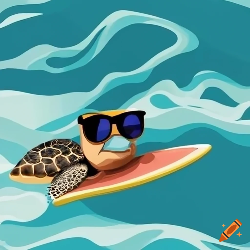 Sea turtle with sunglasses surfing on waves on Craiyon
