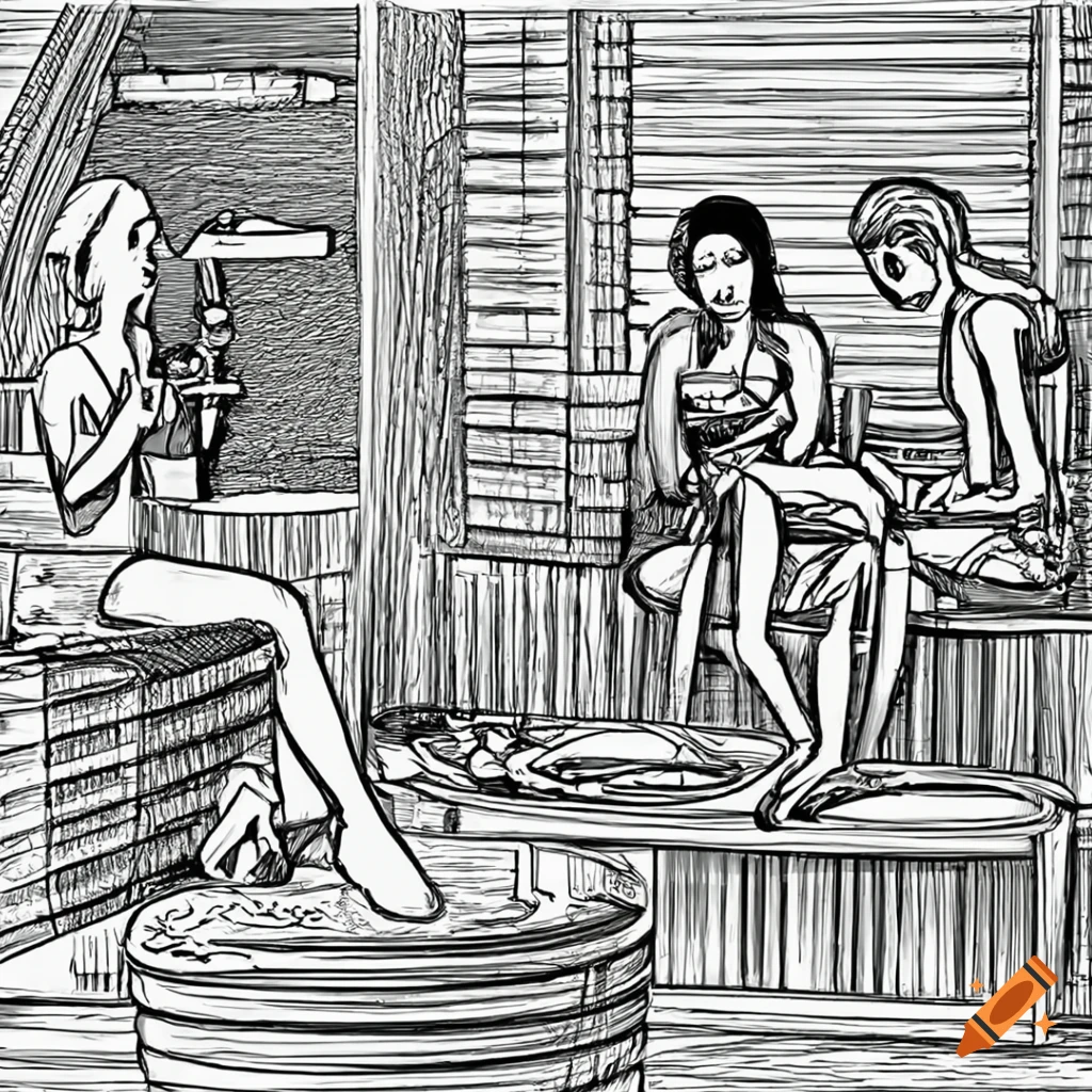 People enjoying wine in a sauna in detailed black and white line art