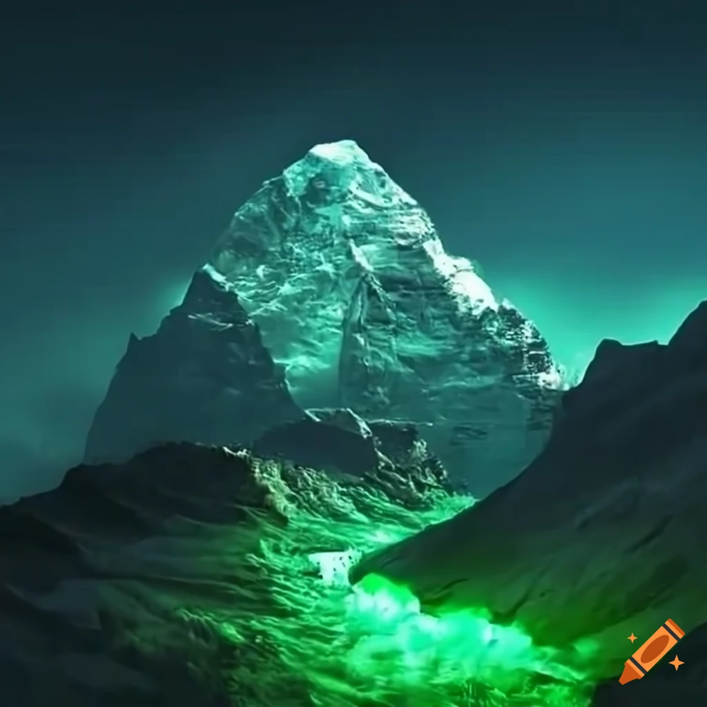 Post-apocalyptic mount everest with glowing green radioactive fluids on ...