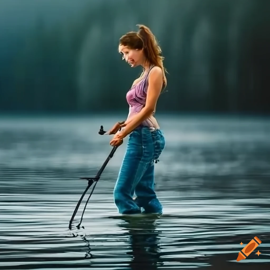Woman fishing at a lake in jeans on Craiyon