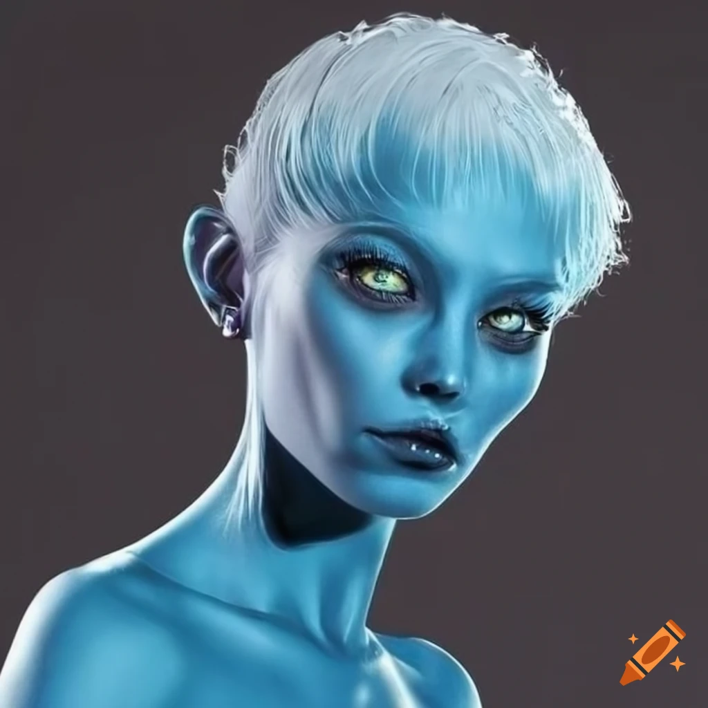 Short, wavy, white hair and blue-skinned humanoid alien woman with a ...