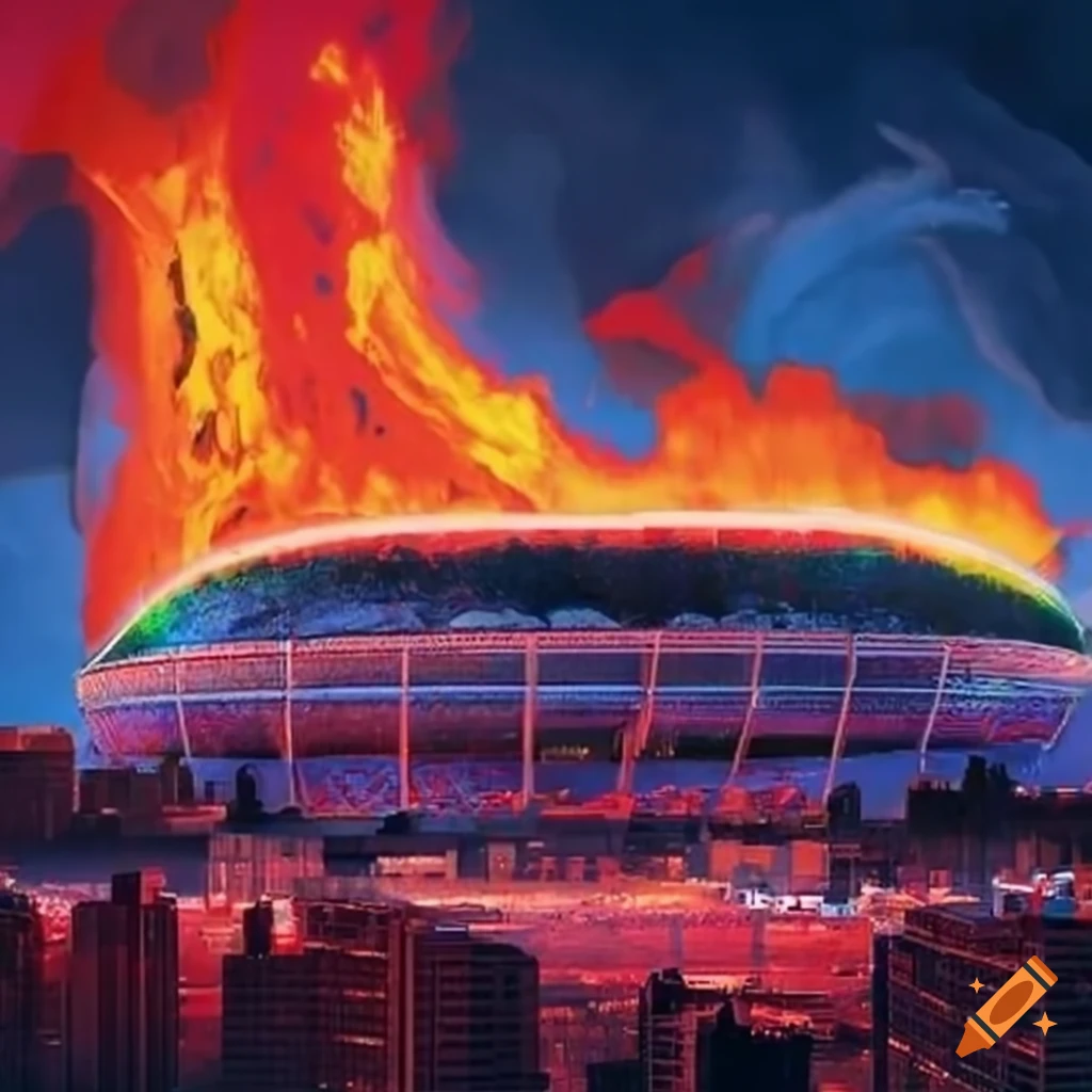 Retrofuturistic Montreal Olympic stadium with lava