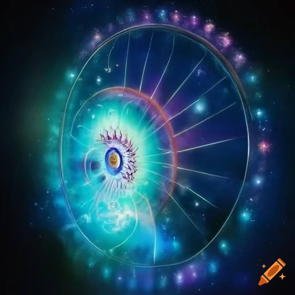 Shiva dancing on a cosmic wheel with lotus flowers and a milky way background