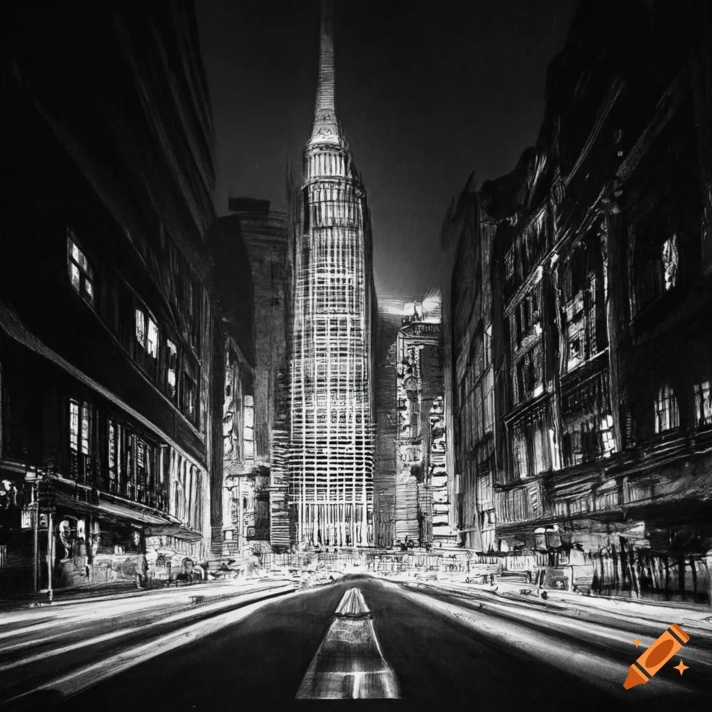Pencil drawing of a metropolis with unfinished outline on the left and filled black on the right
