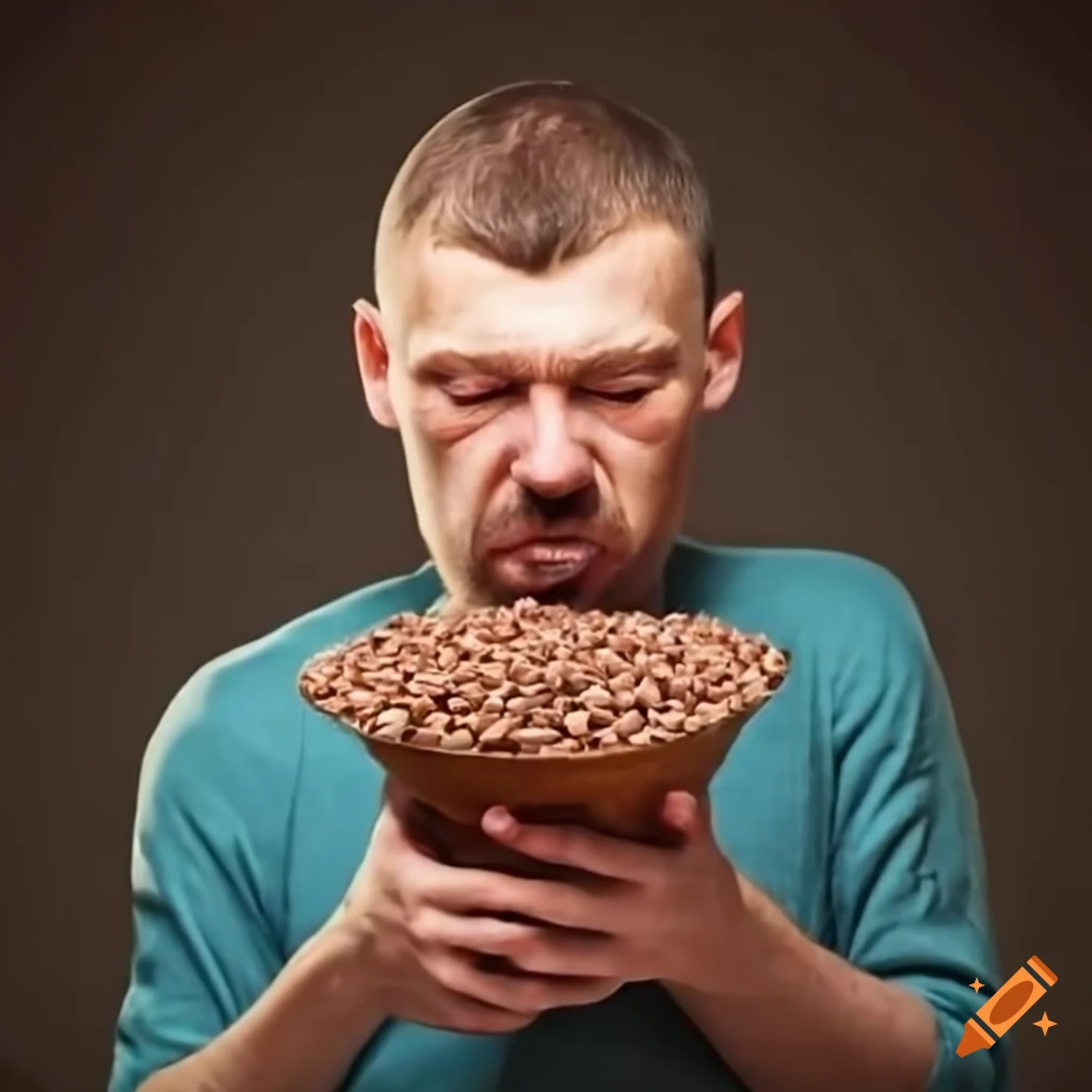 Slavic man eating a large amount of buckwheat on Craiyon