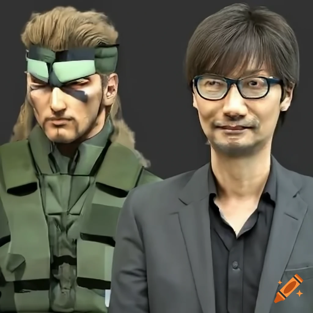 Artistic portrayal of solid snake transforming into hideo kojima on Craiyon