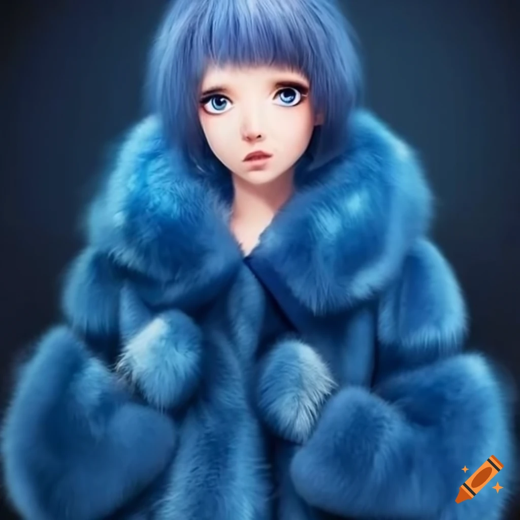 Fashionable lady in a long night blue fur coat on Craiyon