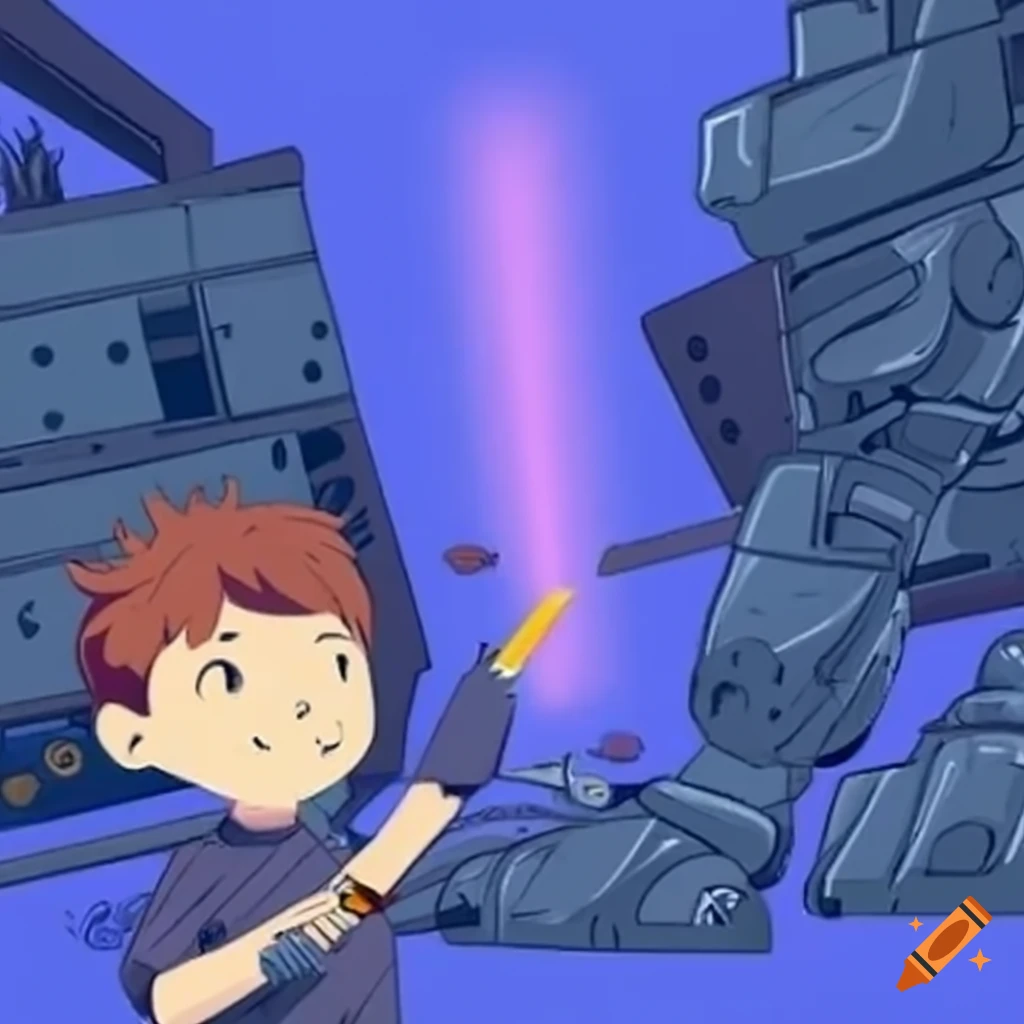 a little man with a pen fighting against a massive robot
