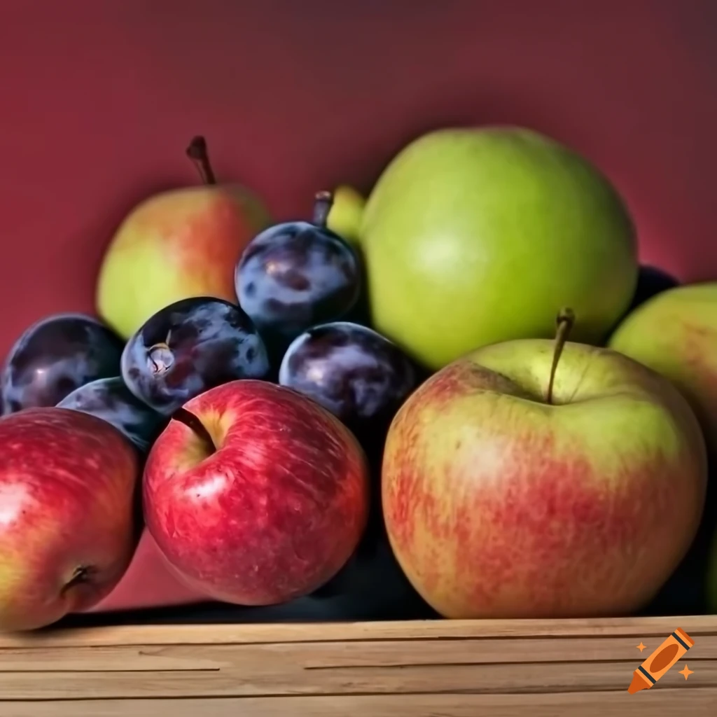 Bowl of apples, pears, and plums in studio photography on Craiyon