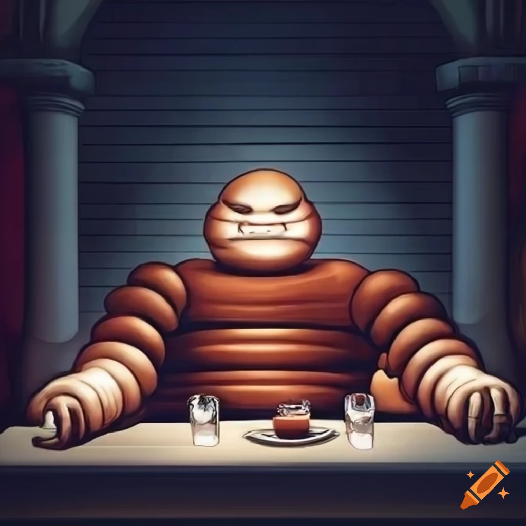 Bibendum in the last supper movie poster style with detailed side