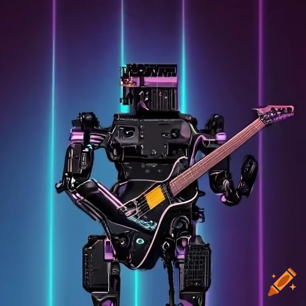 Retrowave black robot mech playing electric guitar in synthwave background