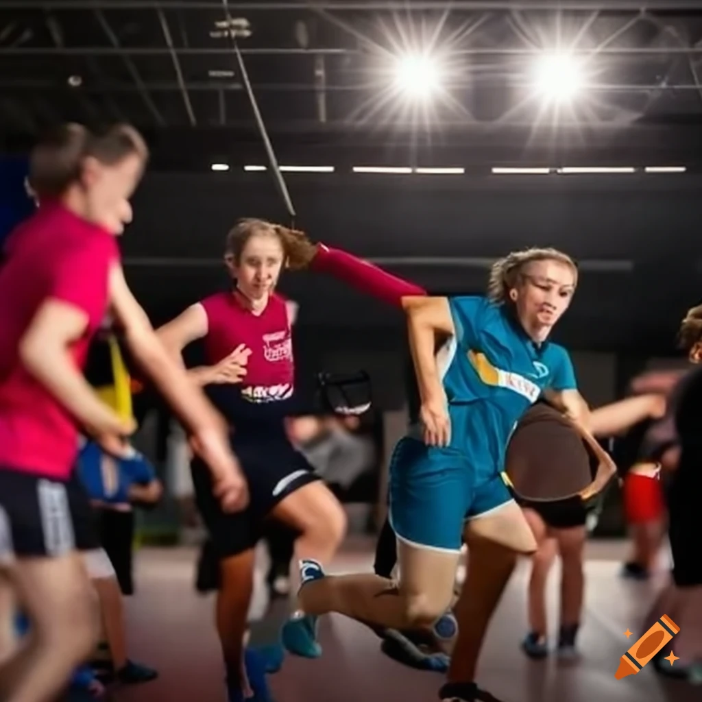 Groups playing sports games at a team event on Craiyon