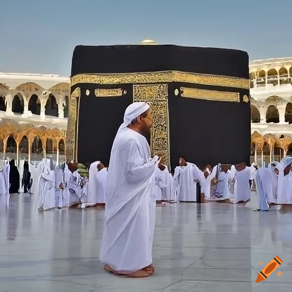 Muslim man supplicating in front of Kaaba