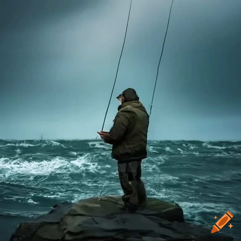 Man fishing in stormy weather at hirtshals on Craiyon