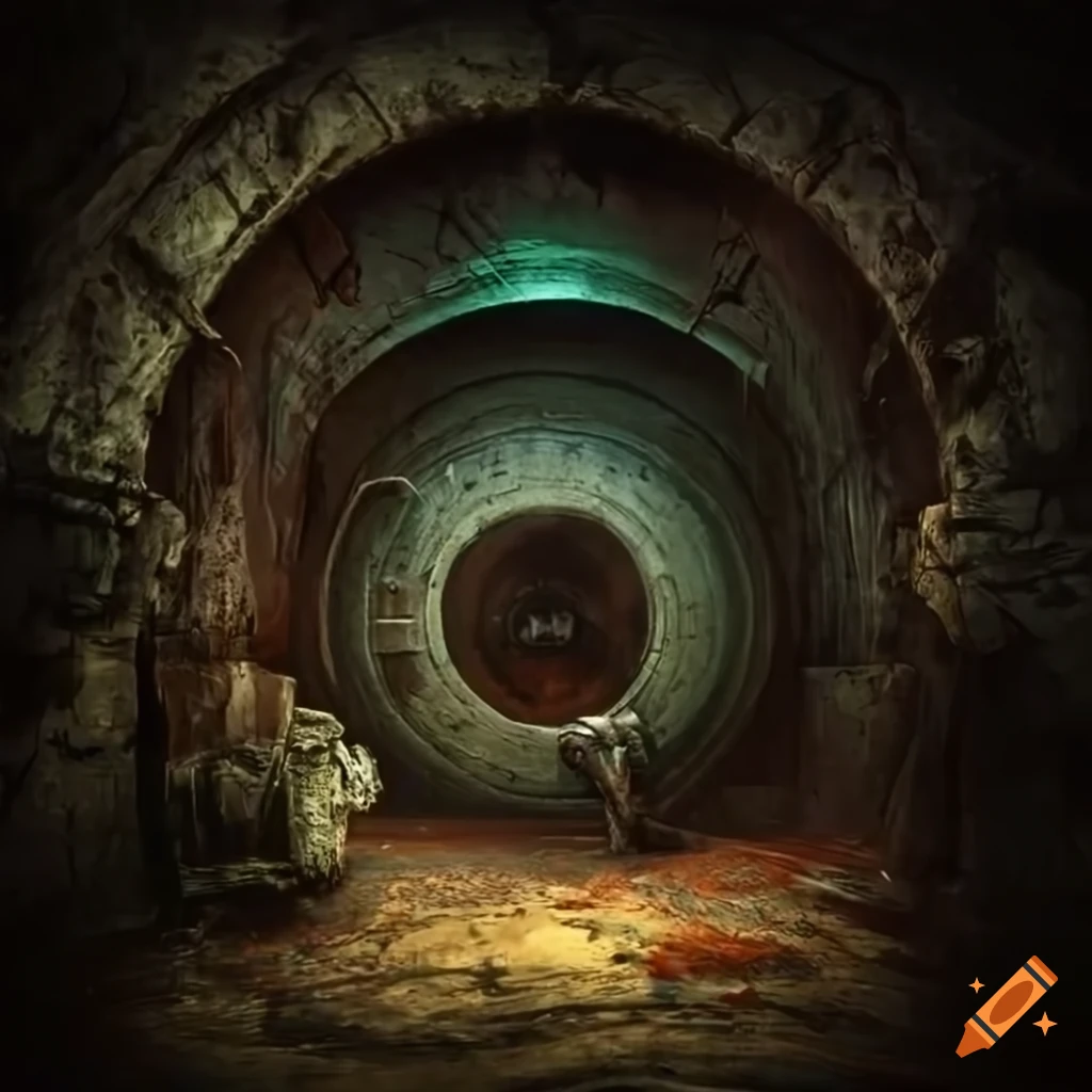 Post-apocalyptic styled entrance to vault 207 in a dark cave on Craiyon