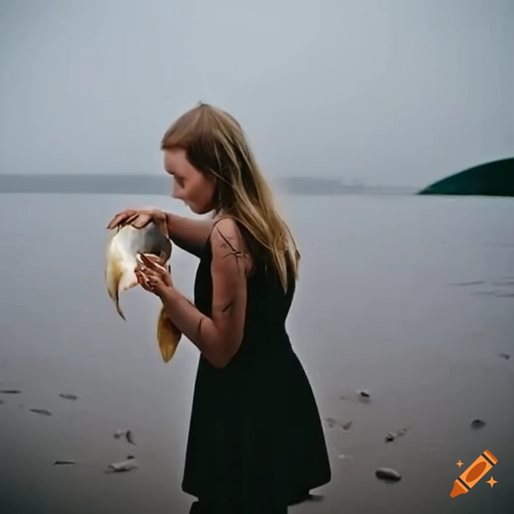 Sanna Marin on rainy beach holding a fish