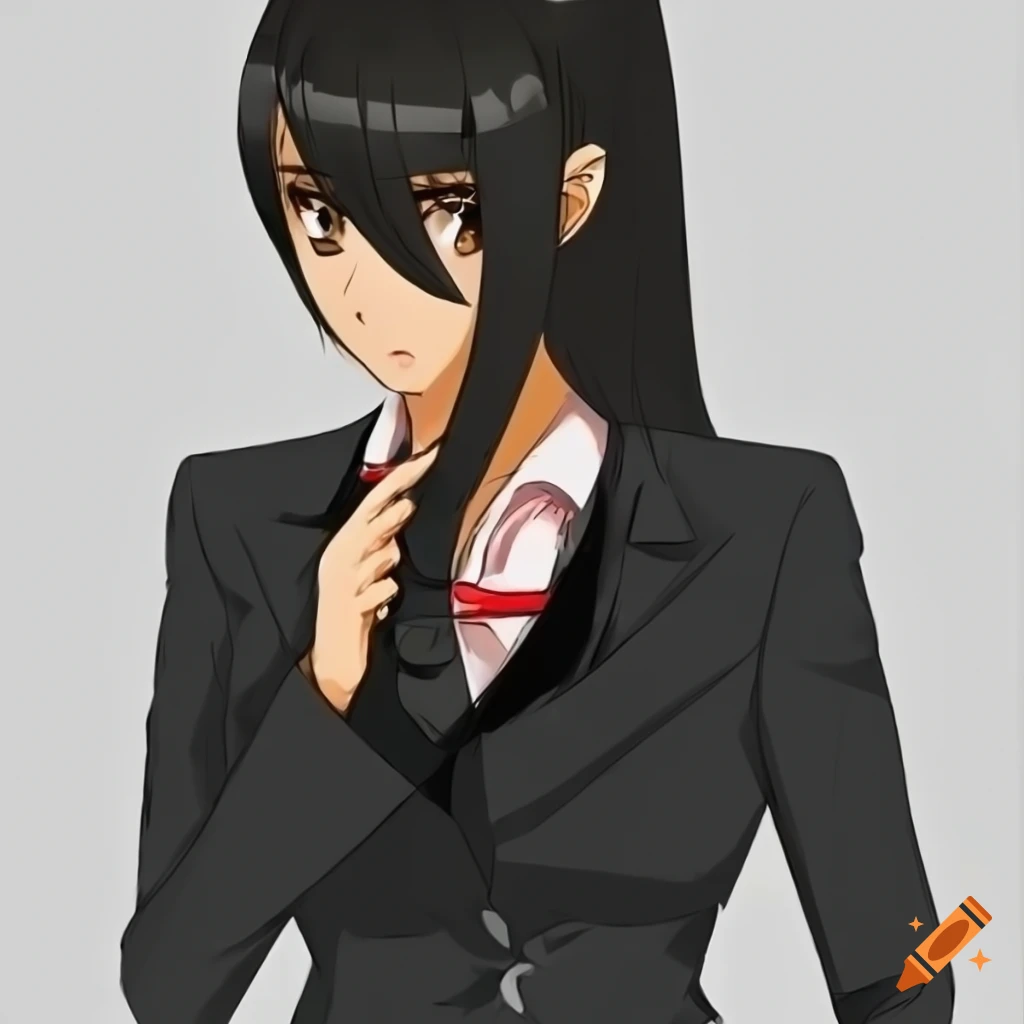 Fit anime businesswoman with long dark hair in a black suit