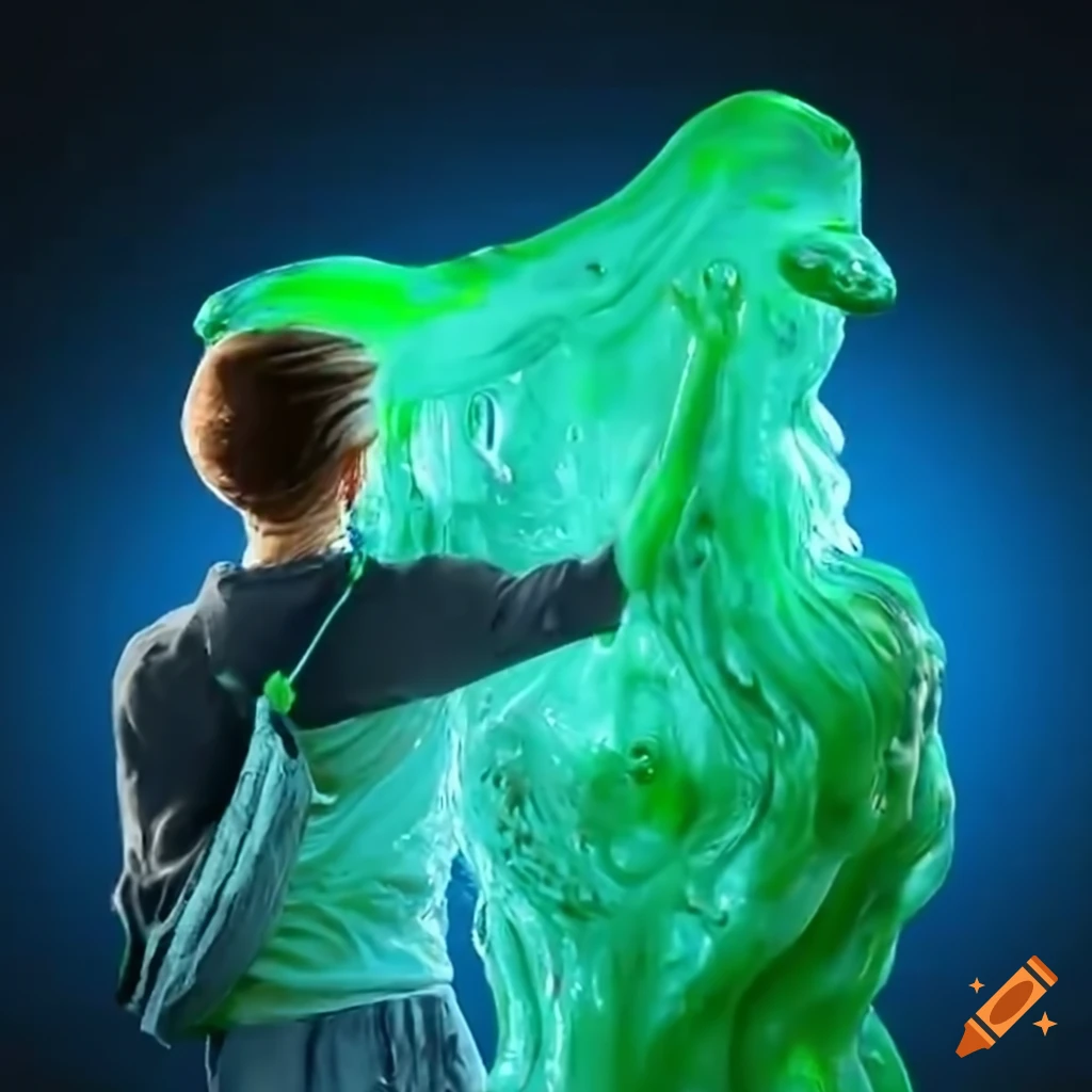 Male college student playing with giant slime monster in college hallway