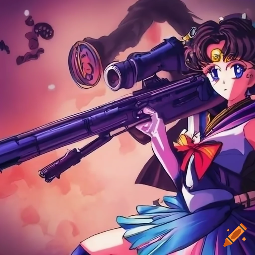 Sailor Moon with a gun scope in an epic drawing