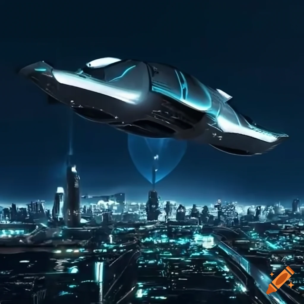 Futuristic city with flying cars and a spaceship flying overhead on Craiyon