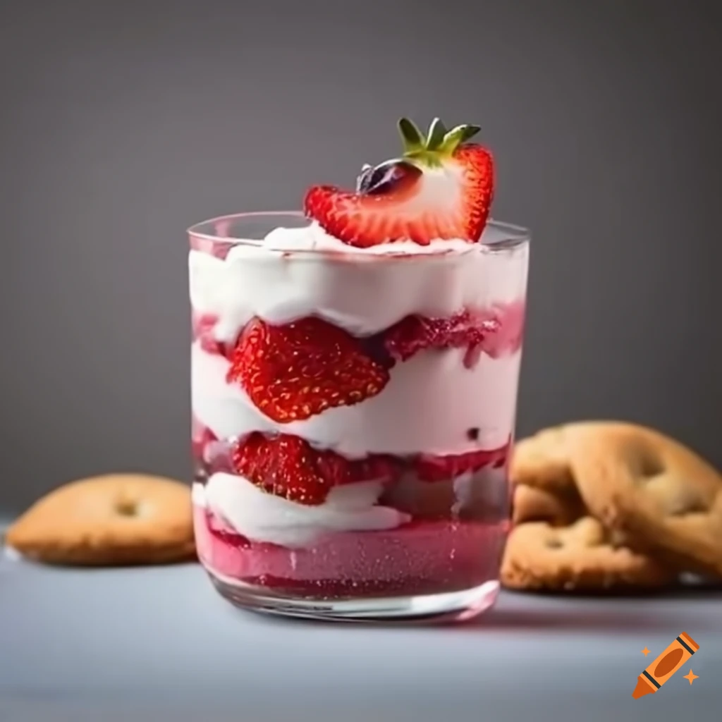 Delicious strawberry dessert in a glass with quark and butter cookies