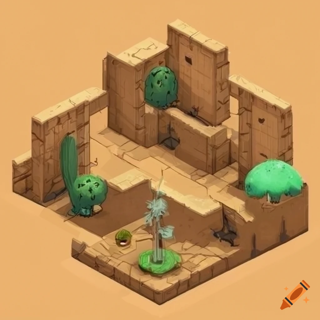 Isometric desert rpg tiles with oasis, cactus, and palm tree on Craiyon