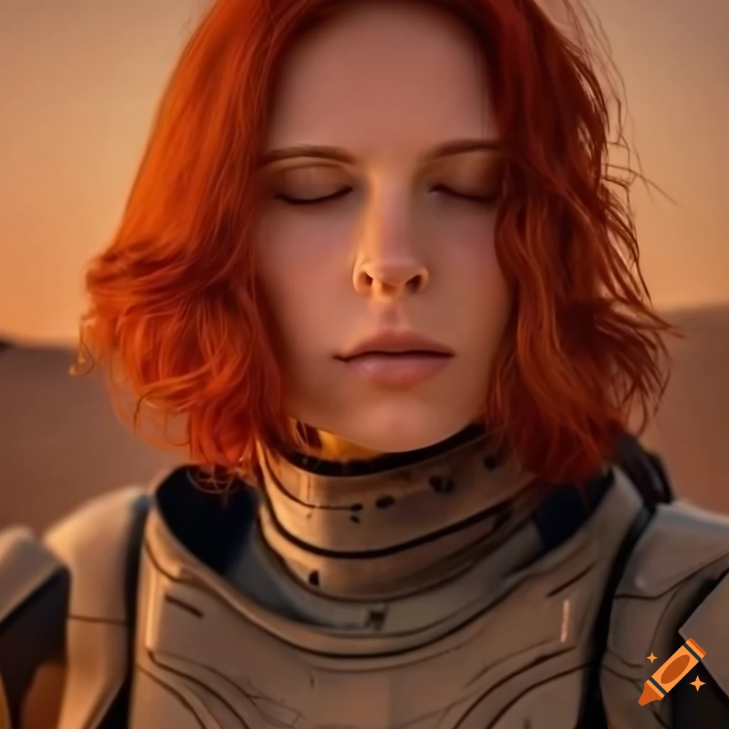 Serious woman with closed eyes and short wavy red hair in desert ...