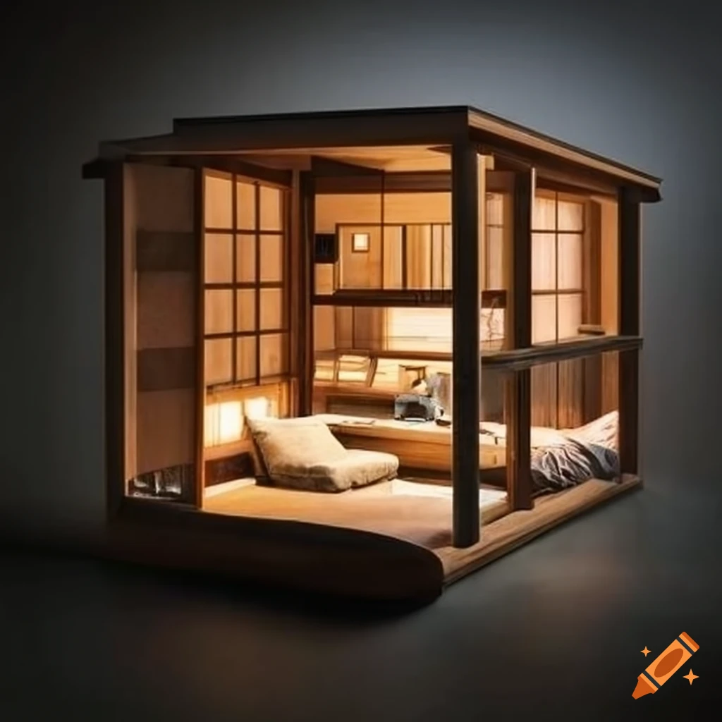 Japanese-inspired tea house surrounded by pond, bedroom, washroom, and kitchen